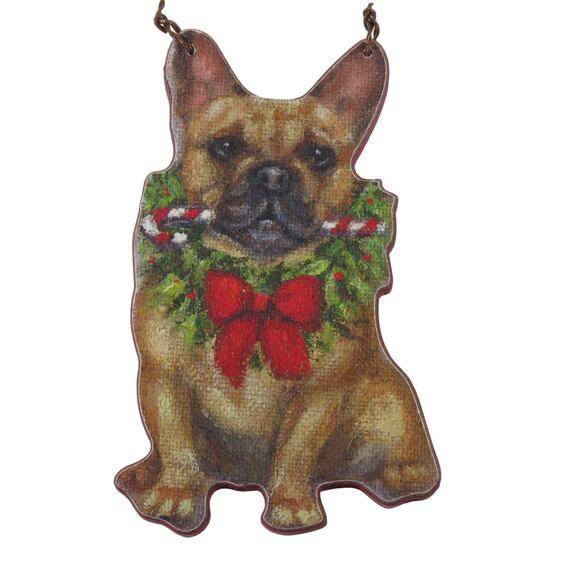 French Bulldog Christmas Tree Ornament Décor 4.5 " Tall Wreath,  Candy Cane - Picture 6 of 14
